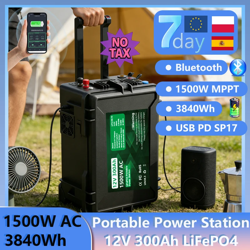 Akumulator LiFePO4 12V 300Ah Przenośna Bateria 3840Wh 1500W DC-AC All IN ONE Litowa Bluetooth BMS 6000+ Cykli IP56 USB PD QC Dostępna w UE