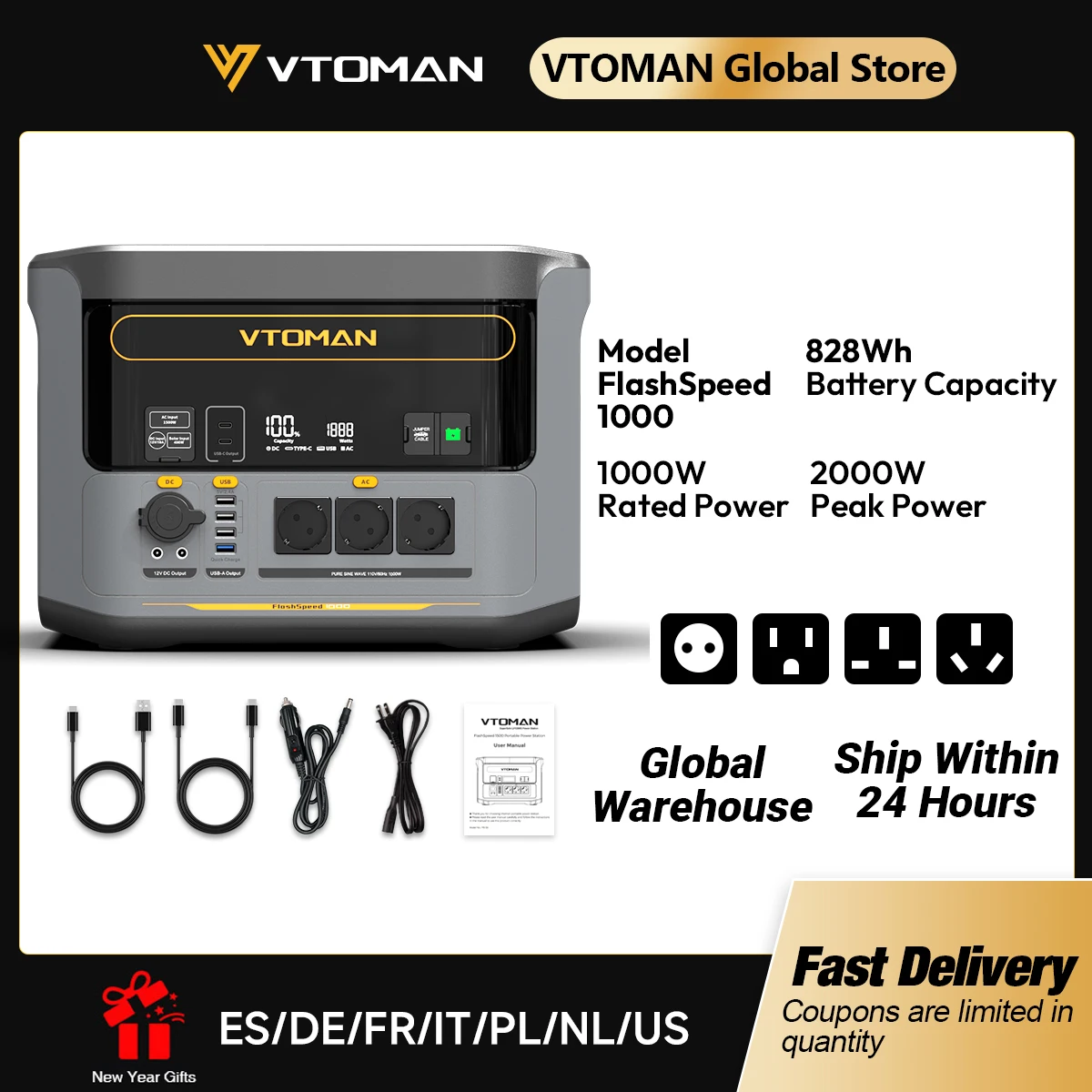 VTOMAN FlashSpeed 1000 przenośna elektrownia 2000W 828Wh LiFeP04 bateria do namiotu kempingowego na świeżym powietrzu Travel
