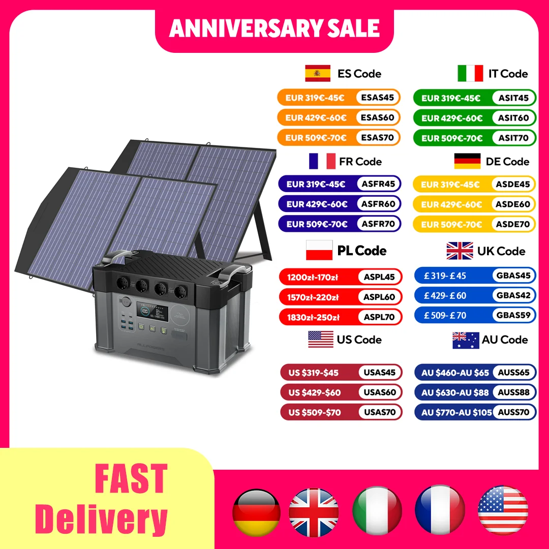 Generator Solarny ALLPOWERS 2400W Ładowarka Akumulatorów, Gniazdo AC z Czystą Falą Sinusoidalną 110V/230V z 2×100W Przenośnymi Panelami Solarnymi do Użytku Zewnętrznego