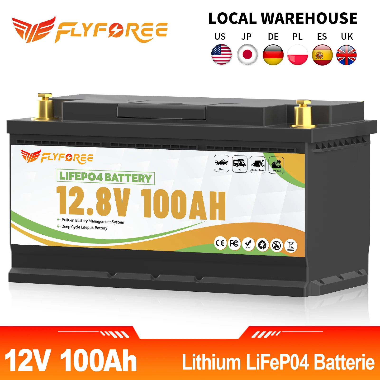 Akumulator litowo-żelazowo-fosforanowy FLLYROWTH 12V 100Ah LiFePo4 z BMS 100A do kampera, łodzi, silnika, falownika, energii słonecznej, wiatrowej, terenowy, off-grid, akumulator LiFePO4