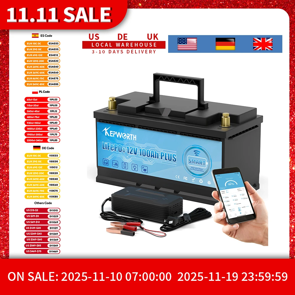 KEPWORTH 12V 100Ah LiFePO4 bateria Bluetooth z 100A BMS bateria litowa o głębokim cyklu do przyczep kempingowych łodzie kempingowe samochody kempingowe