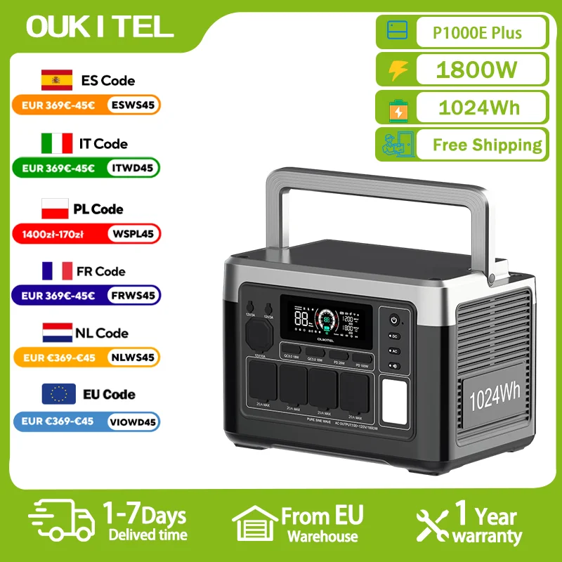 OUKITEL P1000 PLUS Przenośna Stacja Zasilania 1800W Generator Solarny 1024Wh Akumulator Lifepo4 Zapasowy Zasilacz Domowy Kempingowy Mobilny