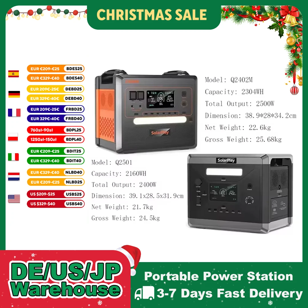 SOLARPLAY Q2501 Q2402M Przenośna elektrownia 2160WH 2304WH Bateria LiFePO4 z generatorem słonecznym 2400W/2500W (czapka 4800W)