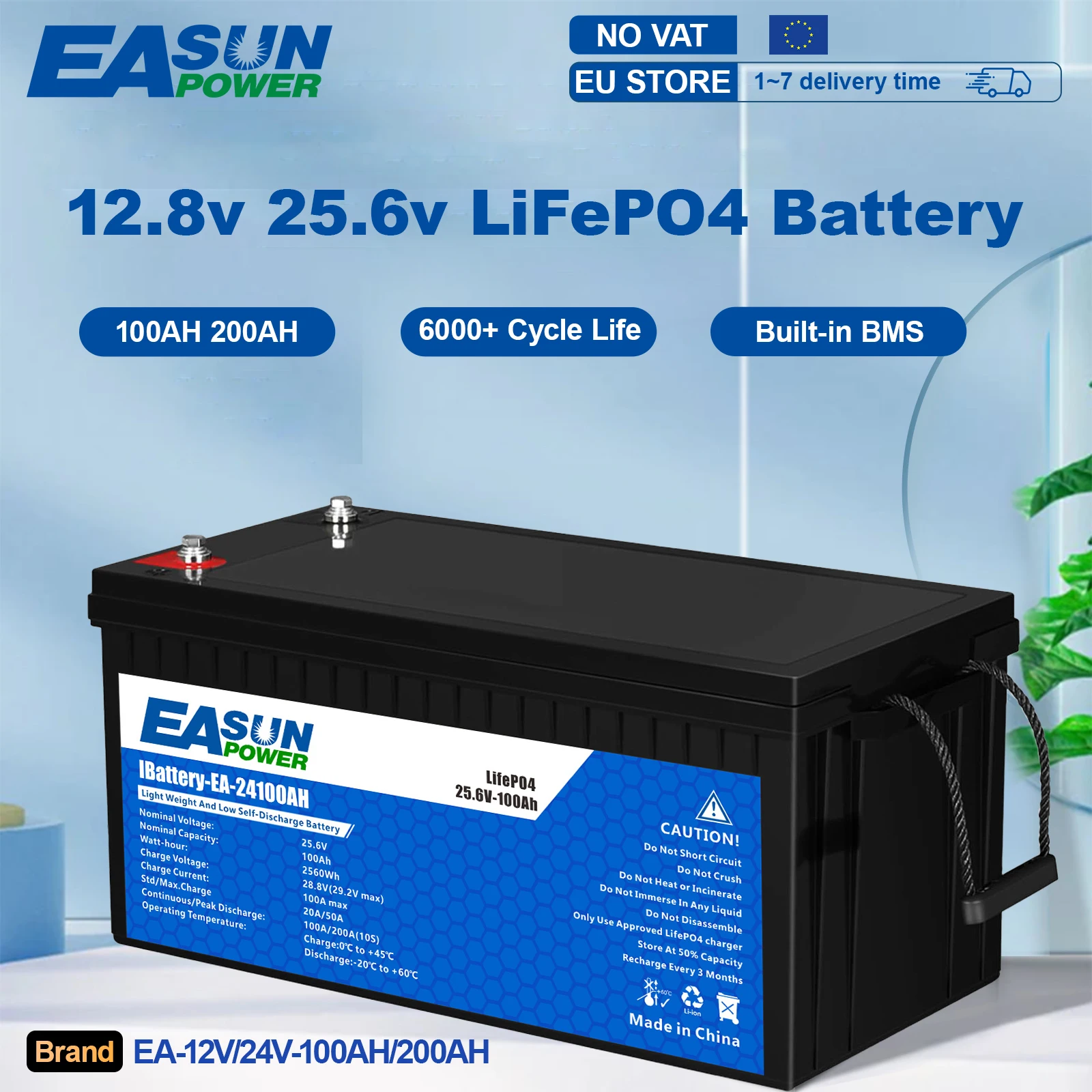 Akumulator EASUN LiFePO4 12V 24V 100Ah 200Ah Litowo-żelazowo-fosforanowy z wbudowanym BMS, 6000+ cykli, do inwertera, solarnego, do kampera, bez podatku