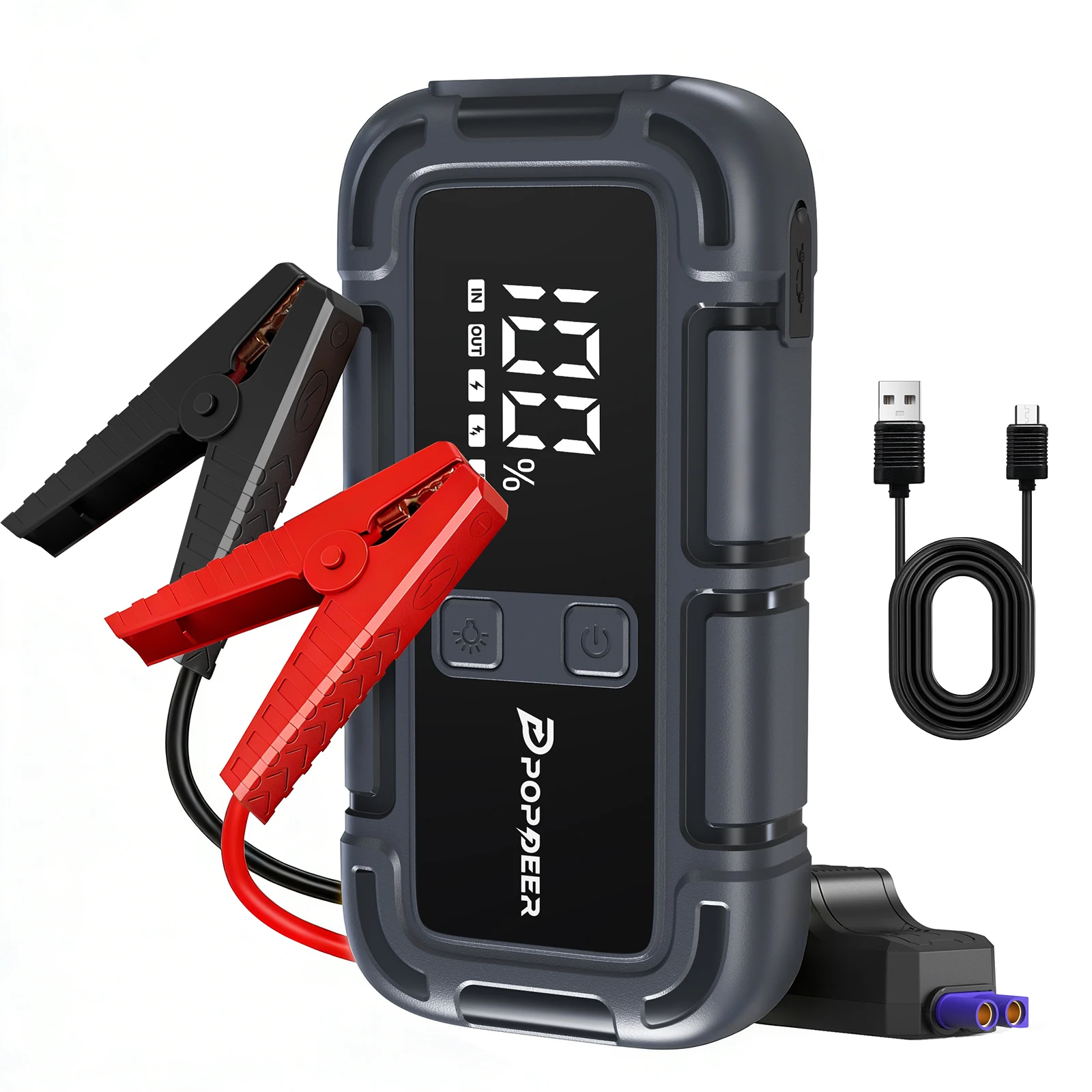 POPDEER PD-J06 4000A Rozruchowywacz Akumulatorów, Booster Akumulatora Samochodowego 12V z Wyświetlaczem LCD i Podwójnym USB do Samochodów z Silnikiem Benzynowym 10.0L / Diesla 8.0L, Ciężarówek, Kamperów, Łodzi