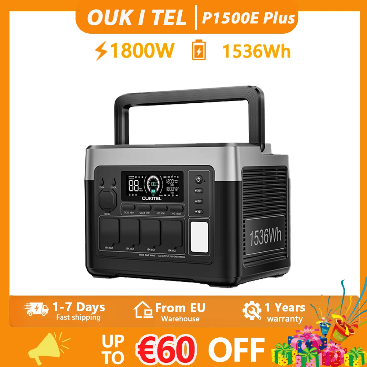 OUKITEL P1500 PLUS 1800W Przenośna Stacja Zasilania 1536Wh Bateria Lifepo4 Generator Solarny, Zasilanie Awaryjne do Domu, Kemping na Zewnątrz, Mobilne Zasilanie
