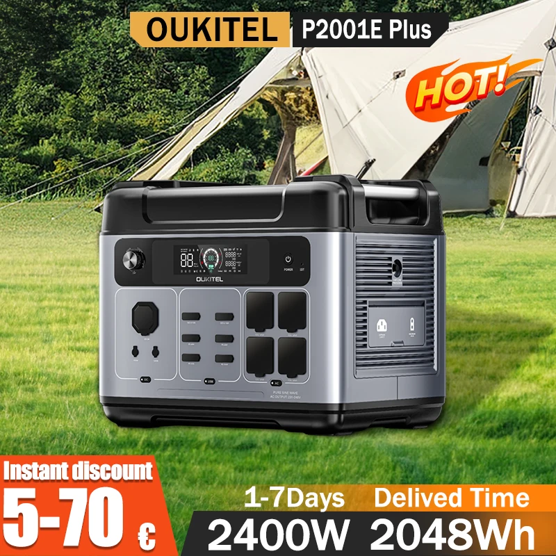 OUKITEL P2001E Plus Przenośna Stacja Zasilania 2400W Moc Wyjściowa 2048Wh Pojemność LiFePO4 Rodzinna Stacja Zasilania Awaryjnego do Kempingu i Aktywności na Zewnątrz